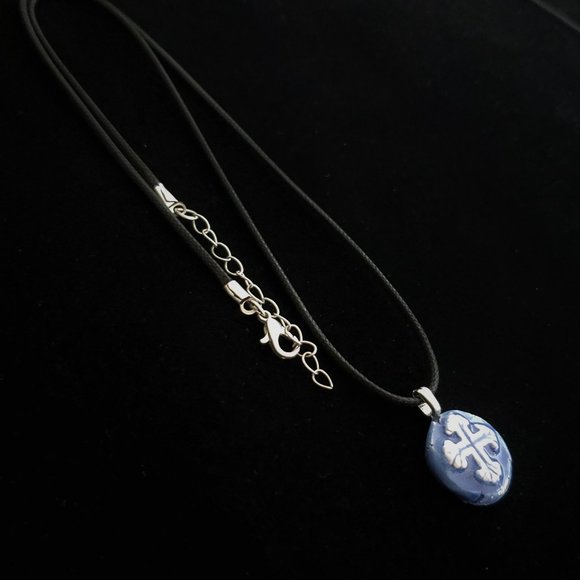 Handmade Ceramic Blue Fleur De Lis Cross Pendant Necklace - Picture 5 of 14